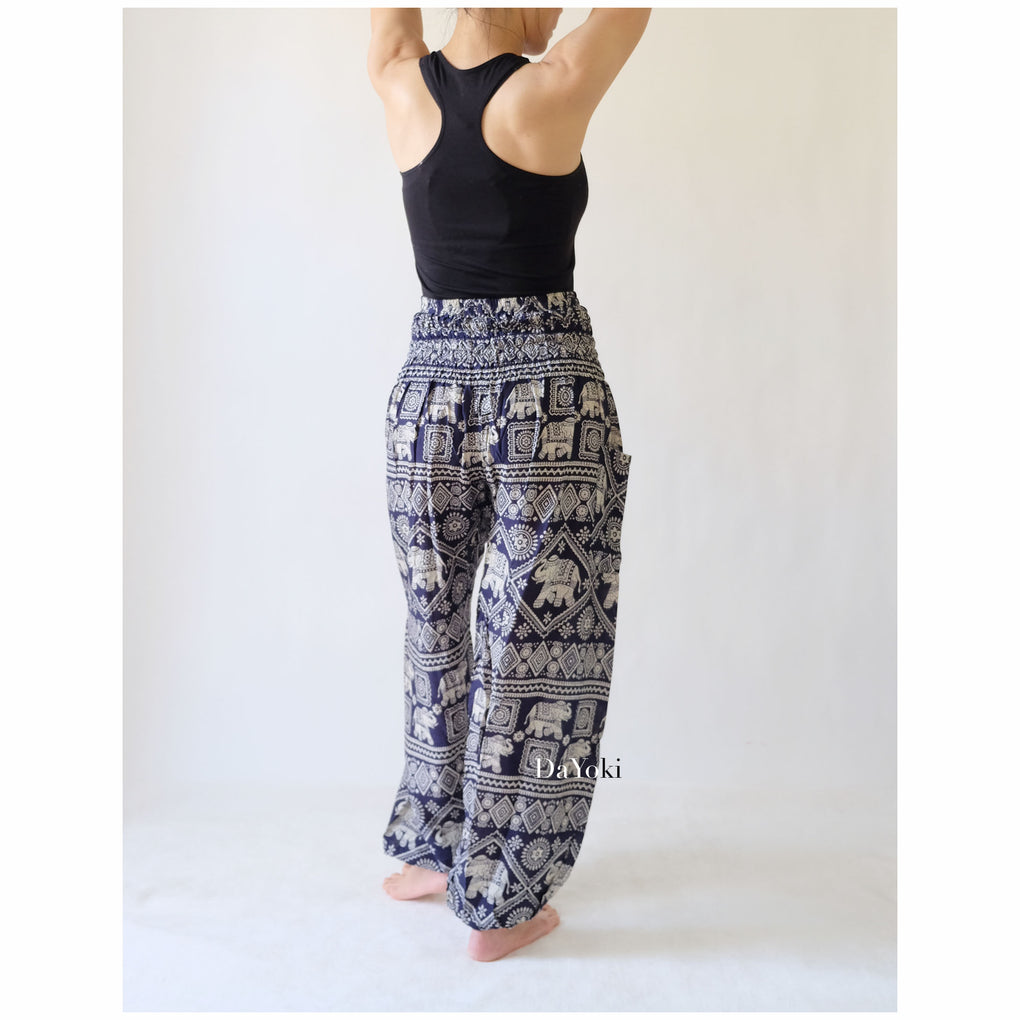 Comfy High Waisted Smocked Yoga Pants - Navy Small Elephant