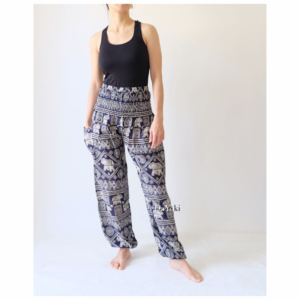 Comfy High Waisted Smocked Yoga Pants - Navy Small Elephant