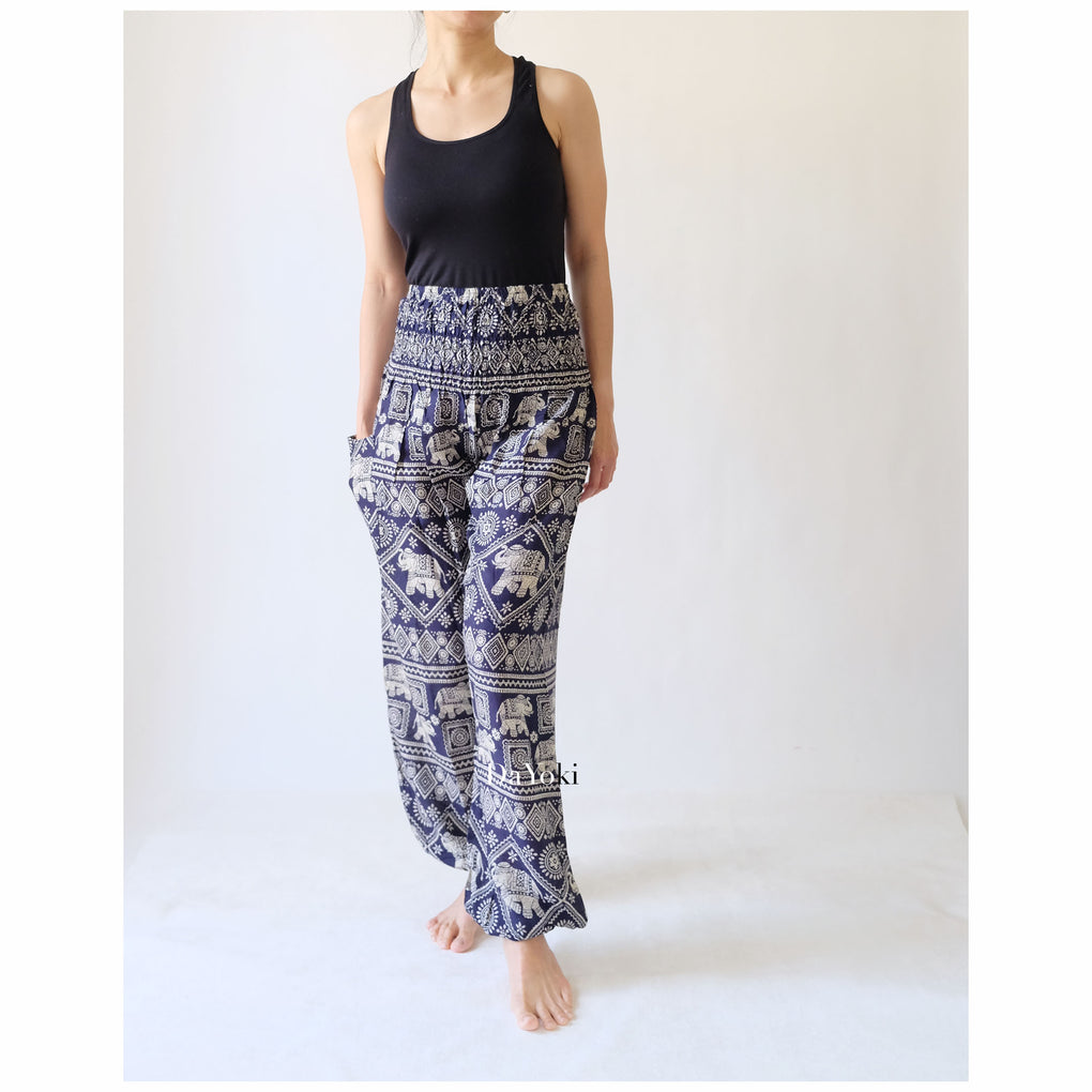 Comfy High Waisted Smocked Yoga Pants - Navy Small Elephant