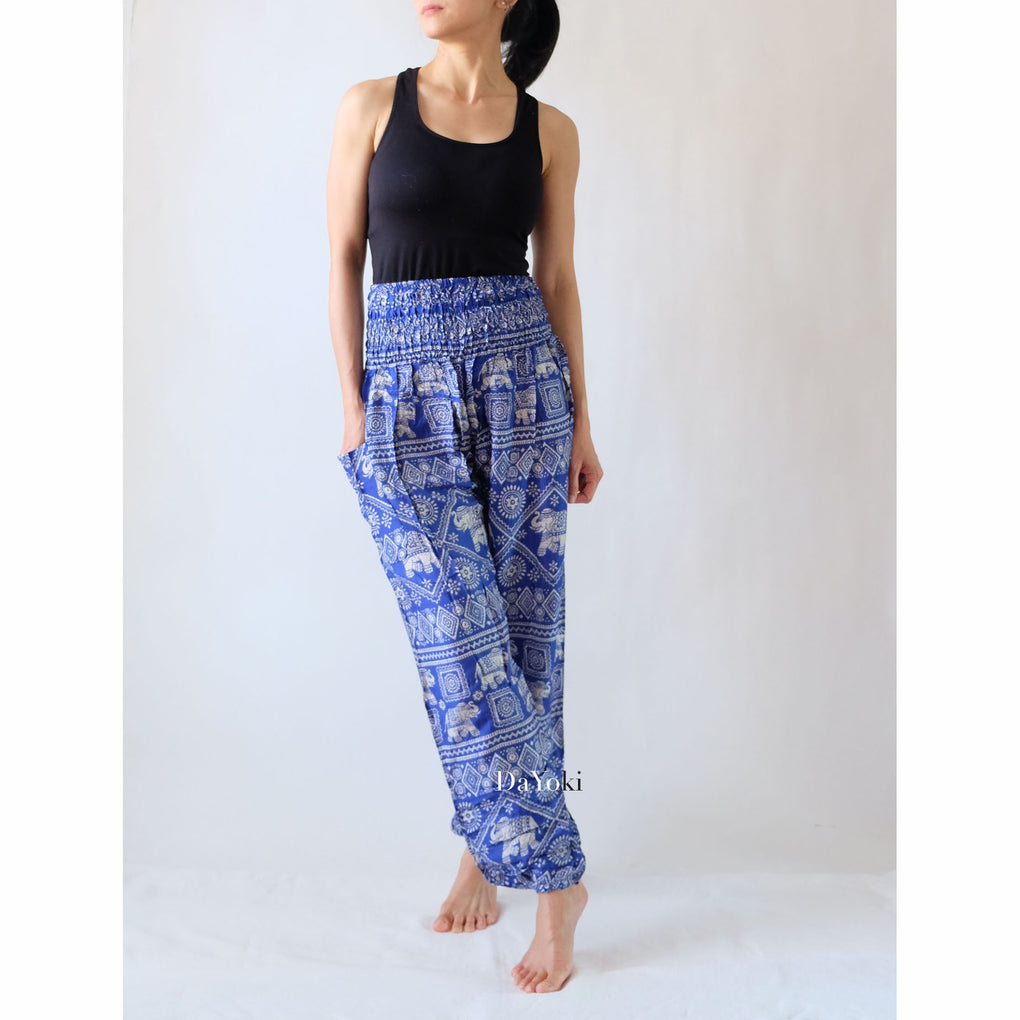 Comfy High Waisted Smocked Yoga Pants - Blue Small Elephant