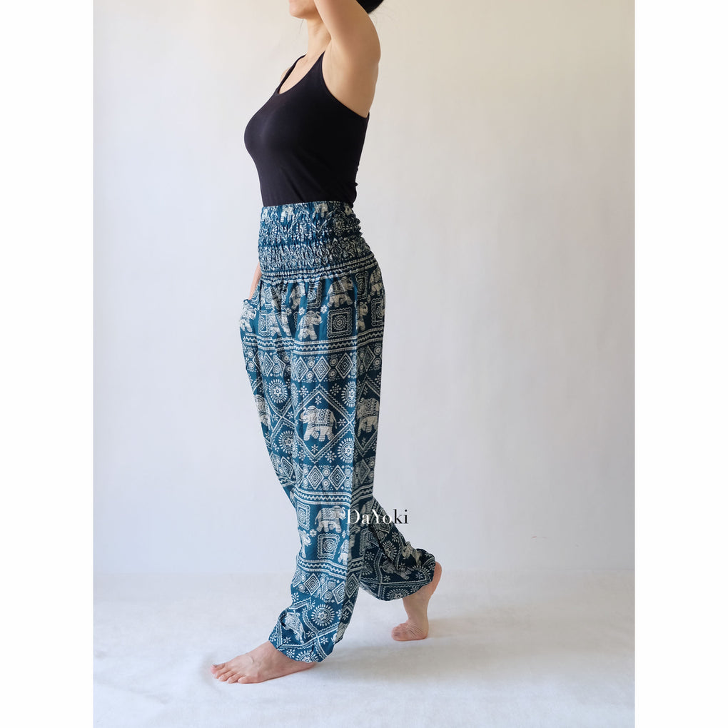 Comfy High Waisted Smocked Yoga Pants - Emerald Green Small Elephant