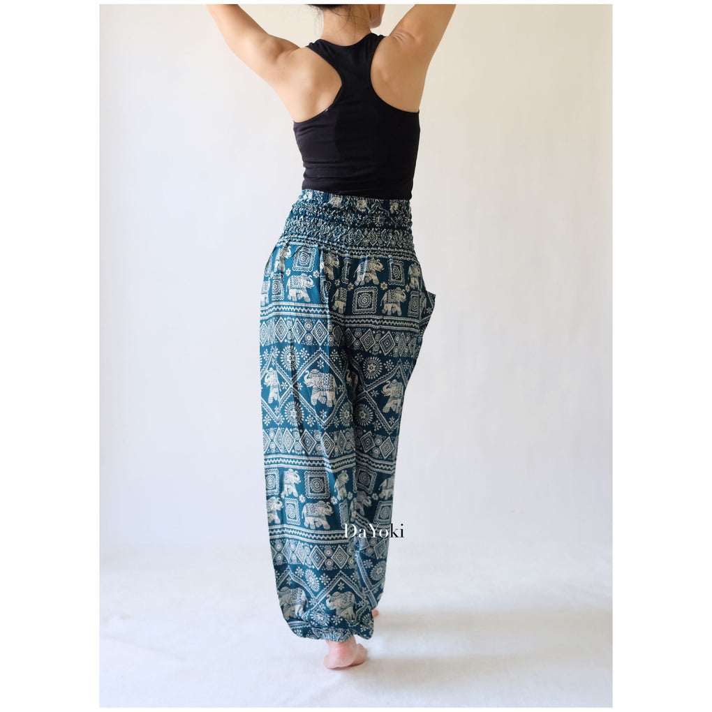 Comfy High Waisted Smocked Yoga Pants - Emerald Green Small Elephant