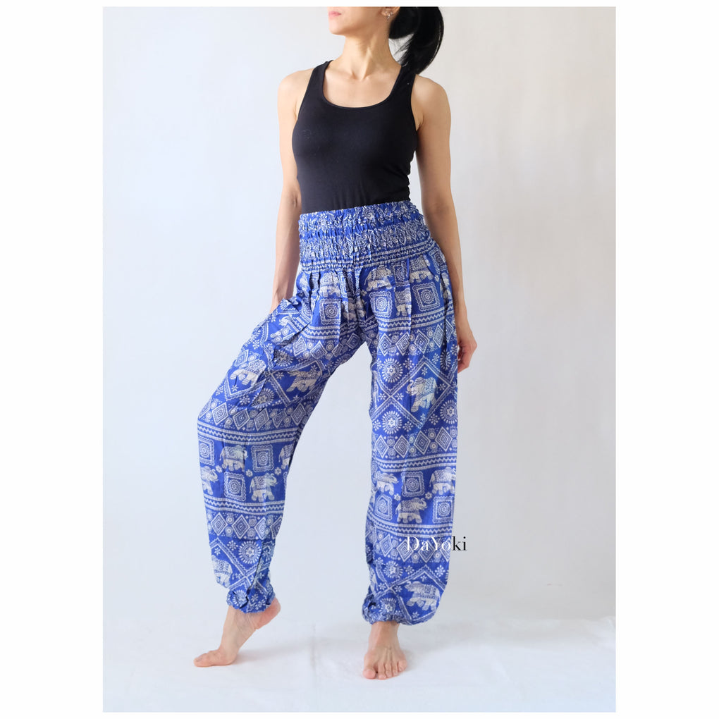 Comfy High Waisted Smocked Yoga Pants - Blue Small Elephant