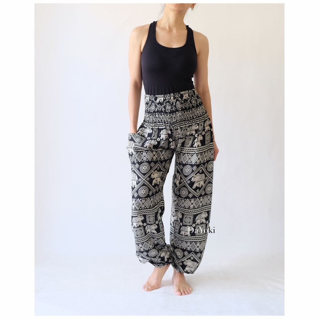 Comfy High Waisted Smocked Yoga Pants - Black Small Elephant