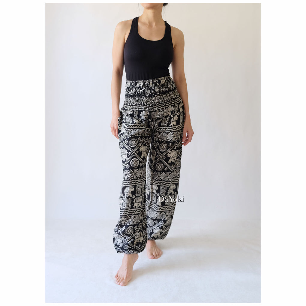 Comfy High Waisted Smocked Yoga Pants - Black Small Elephant