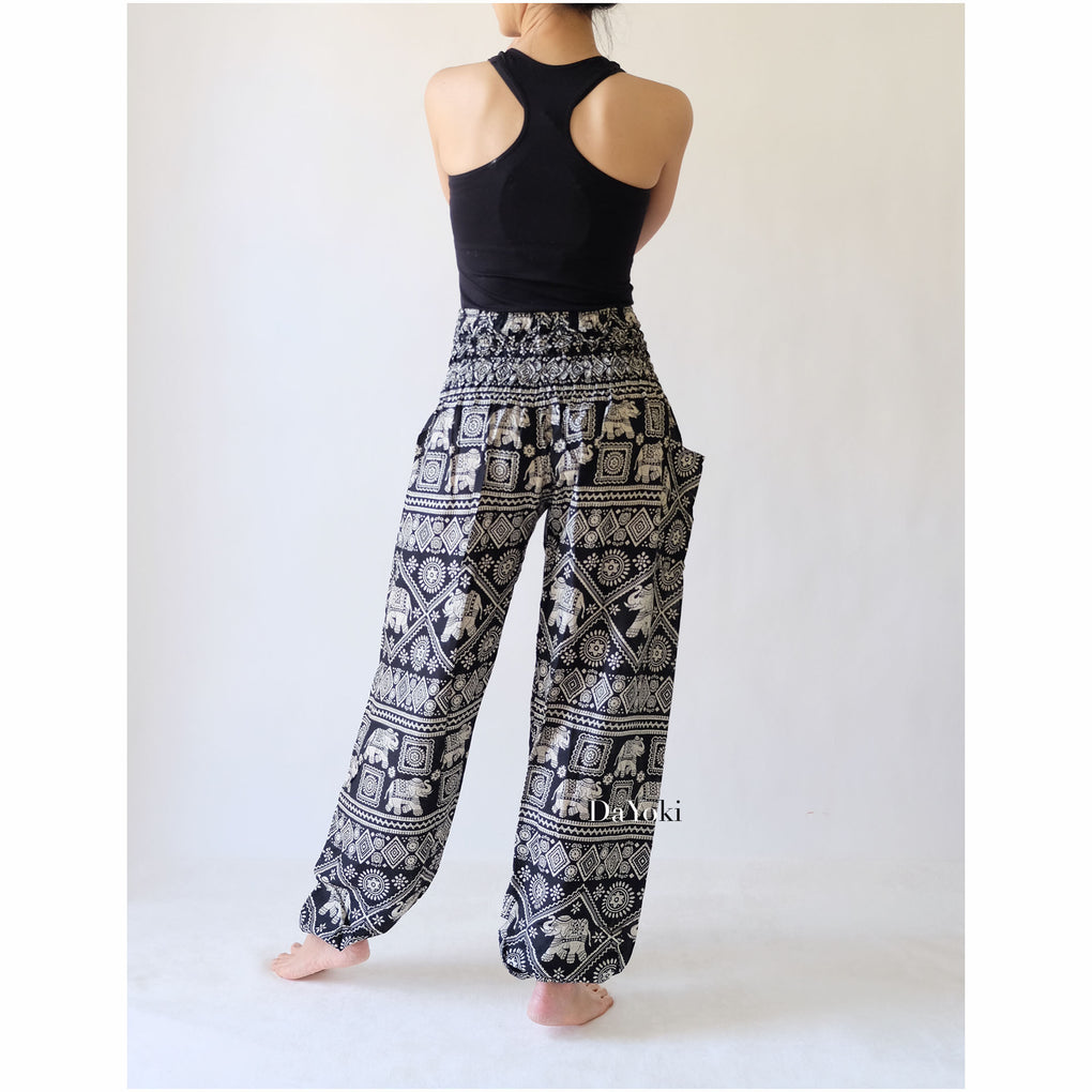 Comfy High Waisted Smocked Yoga Pants - Black Small Elephant