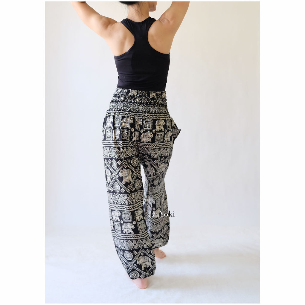 Comfy High Waisted Smocked Yoga Pants - Black Small Elephant