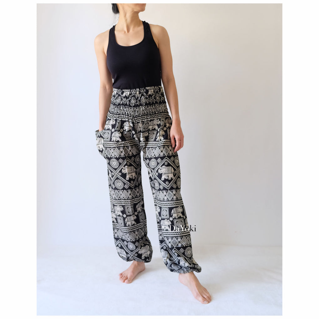 Comfy High Waisted Smocked Yoga Pants - Black Small Elephant