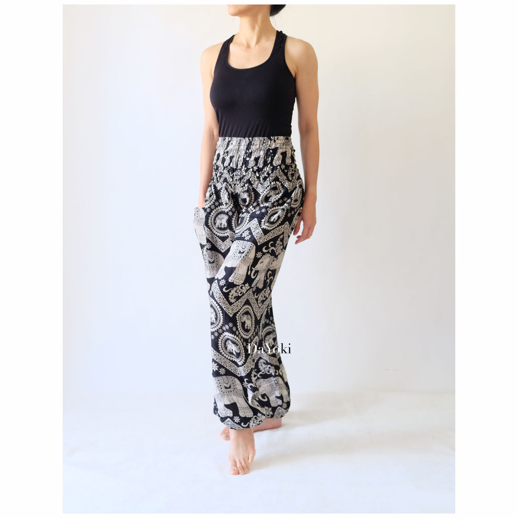 Comfy High Waisted Smocked Yoga Pants - Black Big Elephants