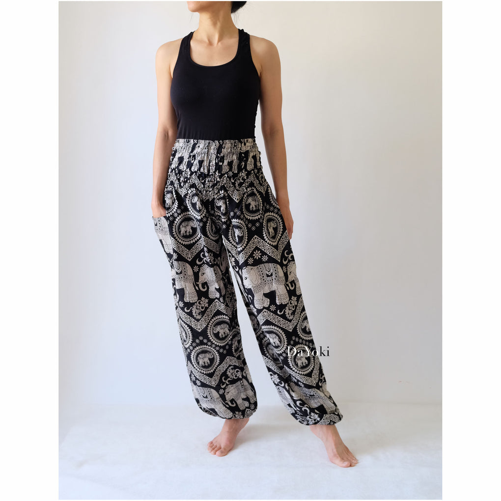 Comfy High Waisted Smocked Yoga Pants - Black Big Elephants