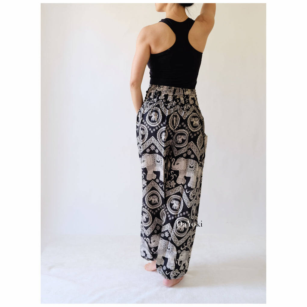 Comfy High Waisted Smocked Yoga Pants - Black Big Elephants