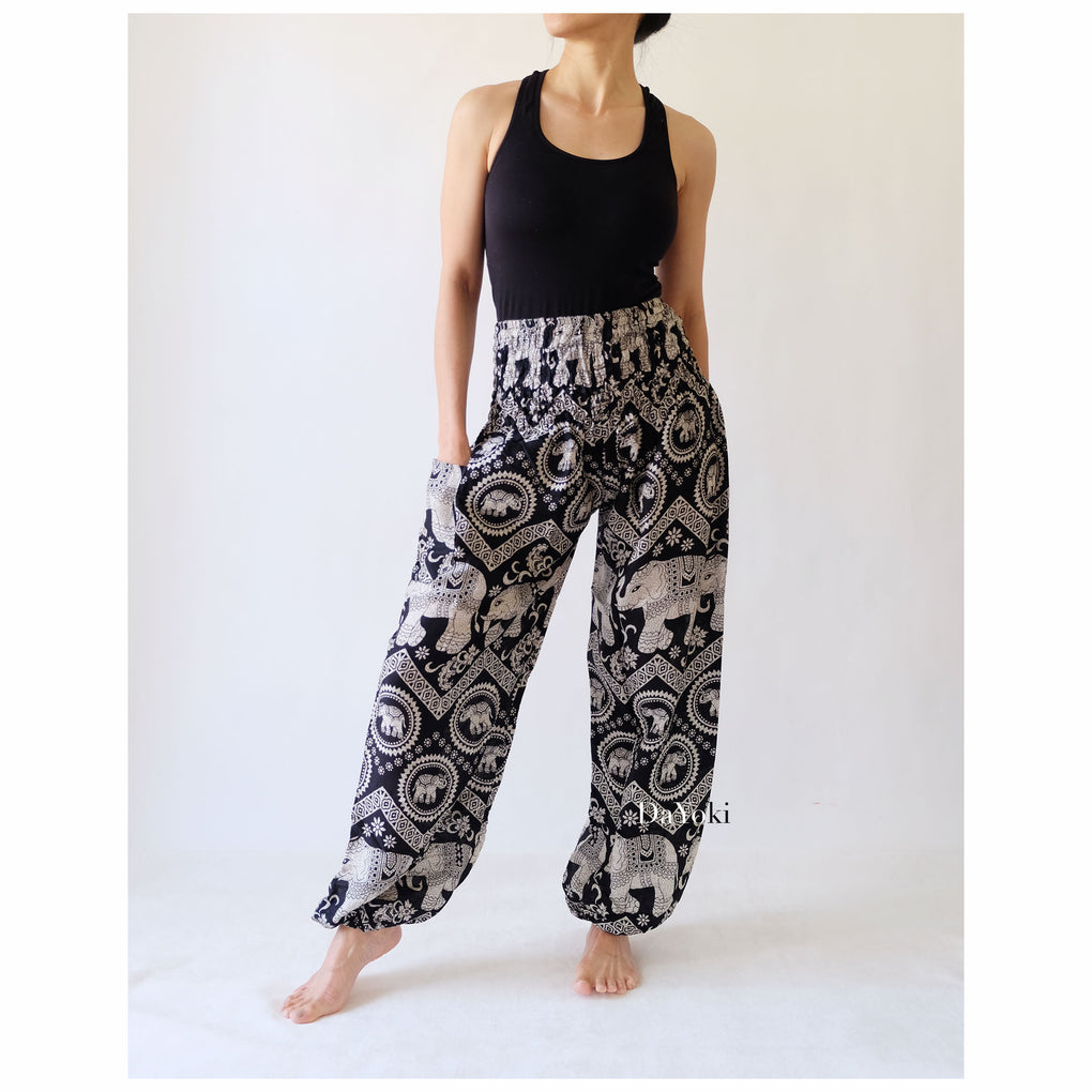 Comfy High Waisted Smocked Yoga Pants - Black Big Elephants