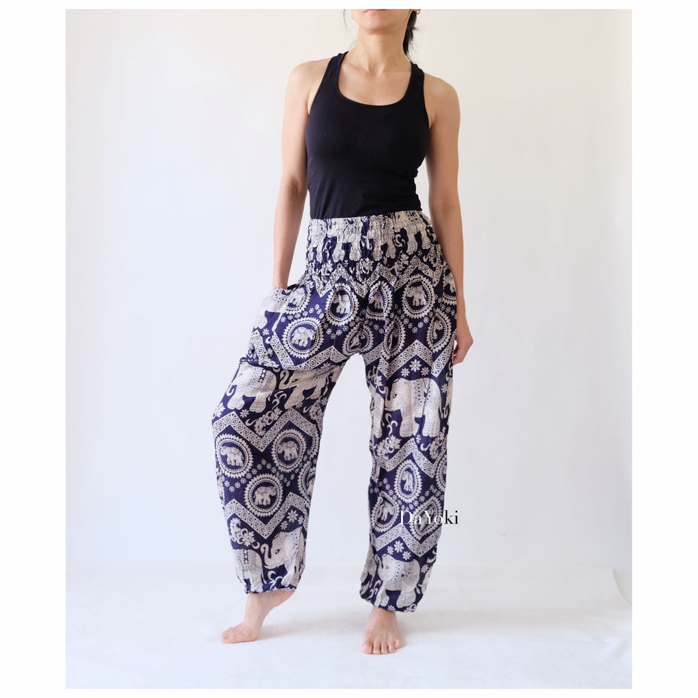 Comfy High Waisted Smocked Yoga Pants - Navy Big Elephants