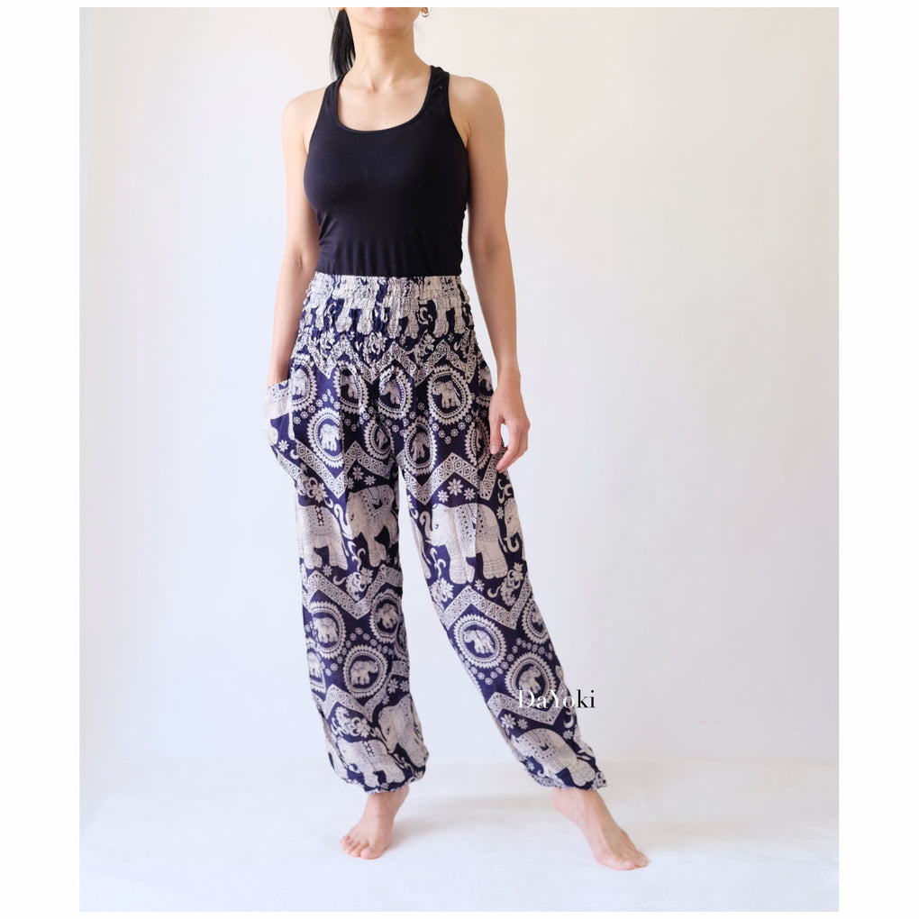 Comfy High Waisted Smocked Yoga Pants - Navy Big Elephants