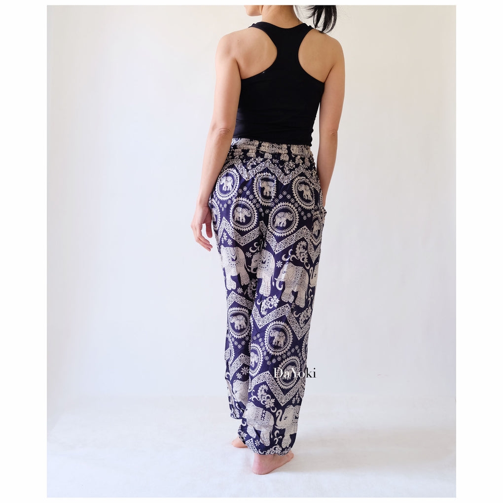 Comfy High Waisted Smocked Yoga Pants - Navy Big Elephants