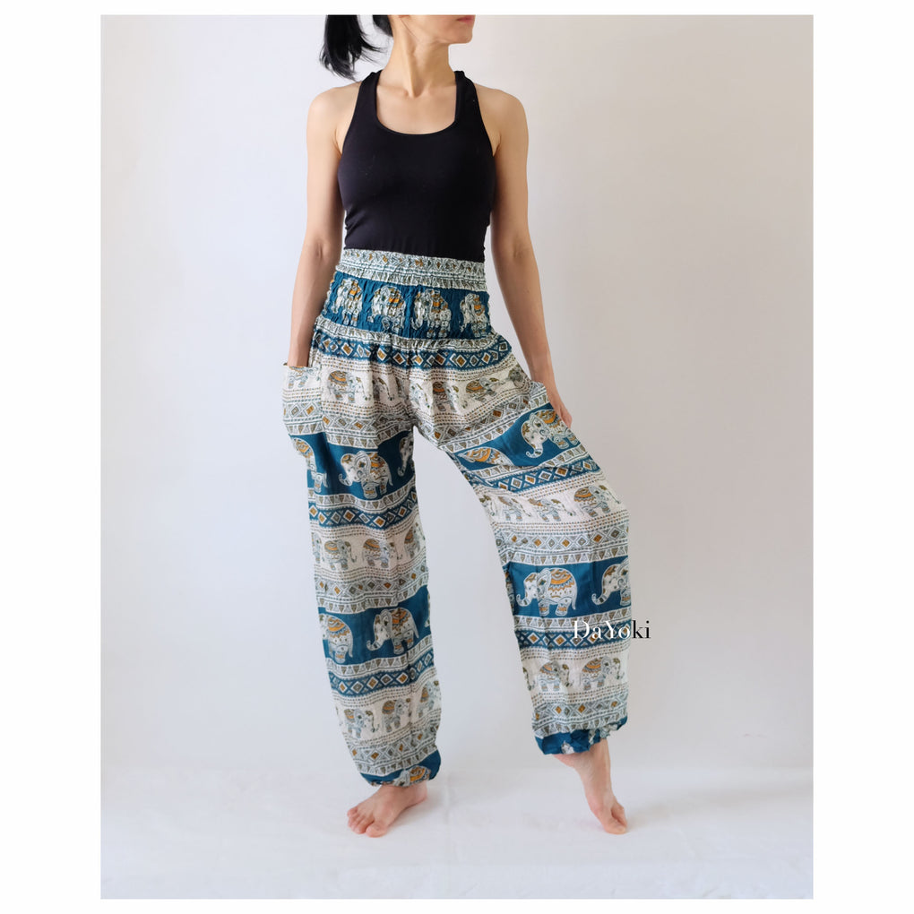 Comfy High Waisted Smocked Yoga Pants - Emerald Green Elephant Stripes