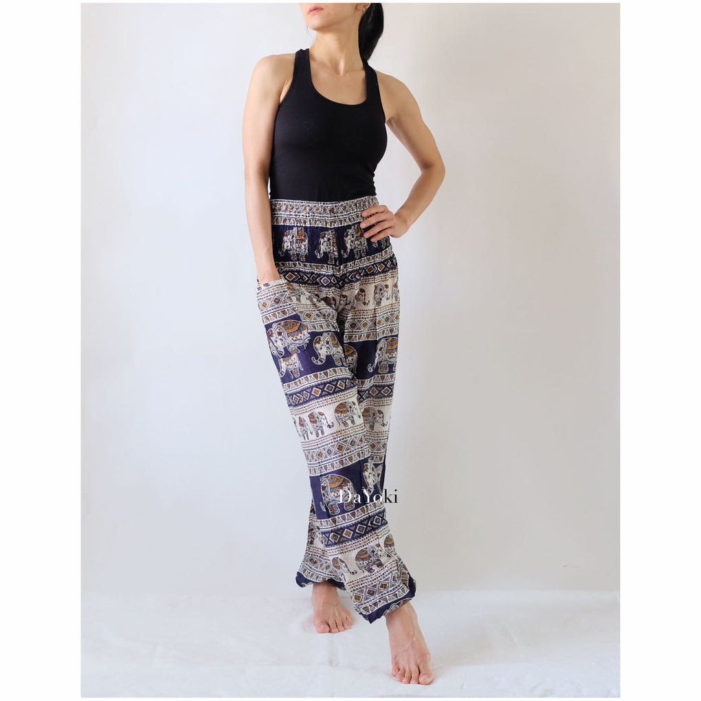 Comfy High Waisted Smocked Yoga Pants - Navy Elephants Stripes