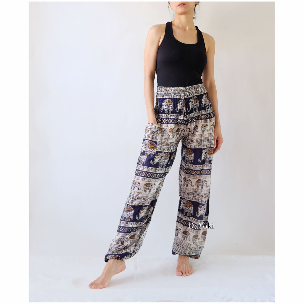 Comfy High Waisted Smocked Yoga Pants - Navy Elephants Stripes