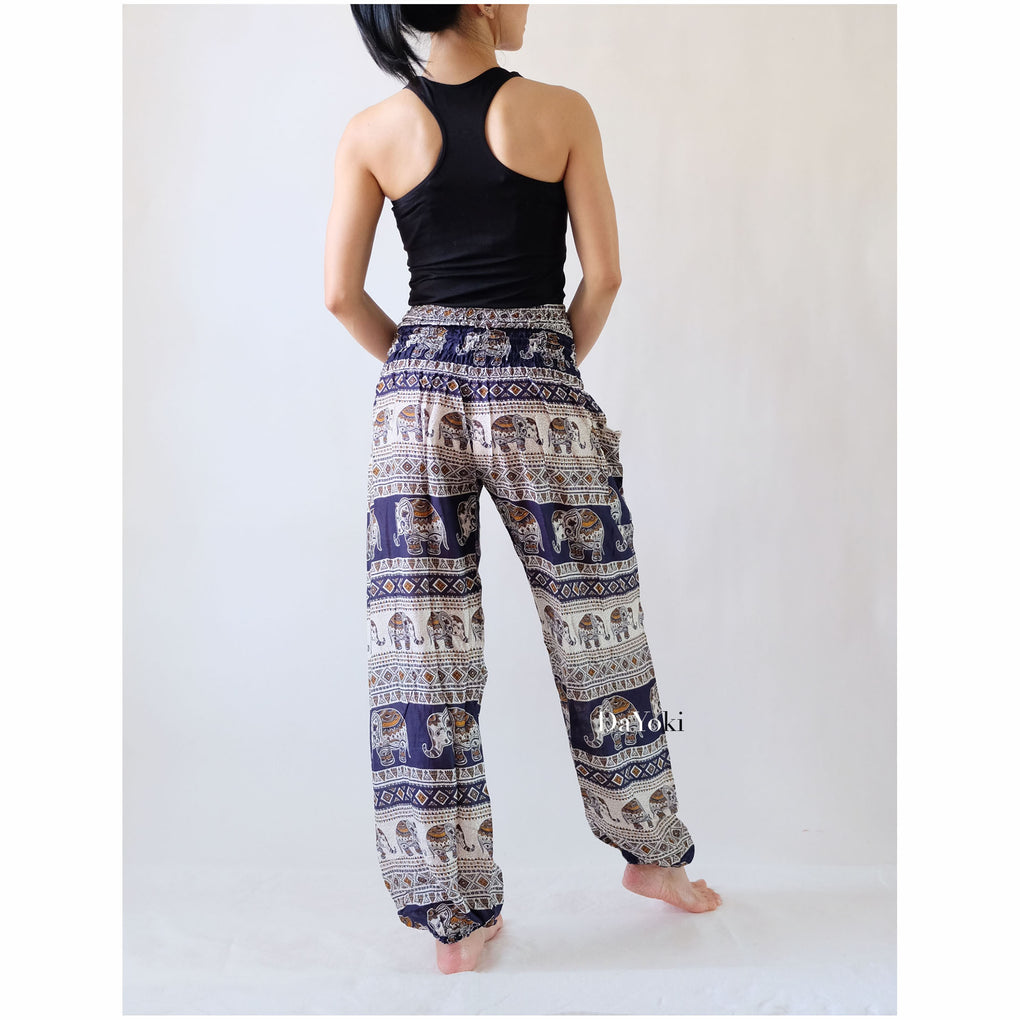 Comfy High Waisted Smocked Yoga Pants - Navy Elephants Stripes