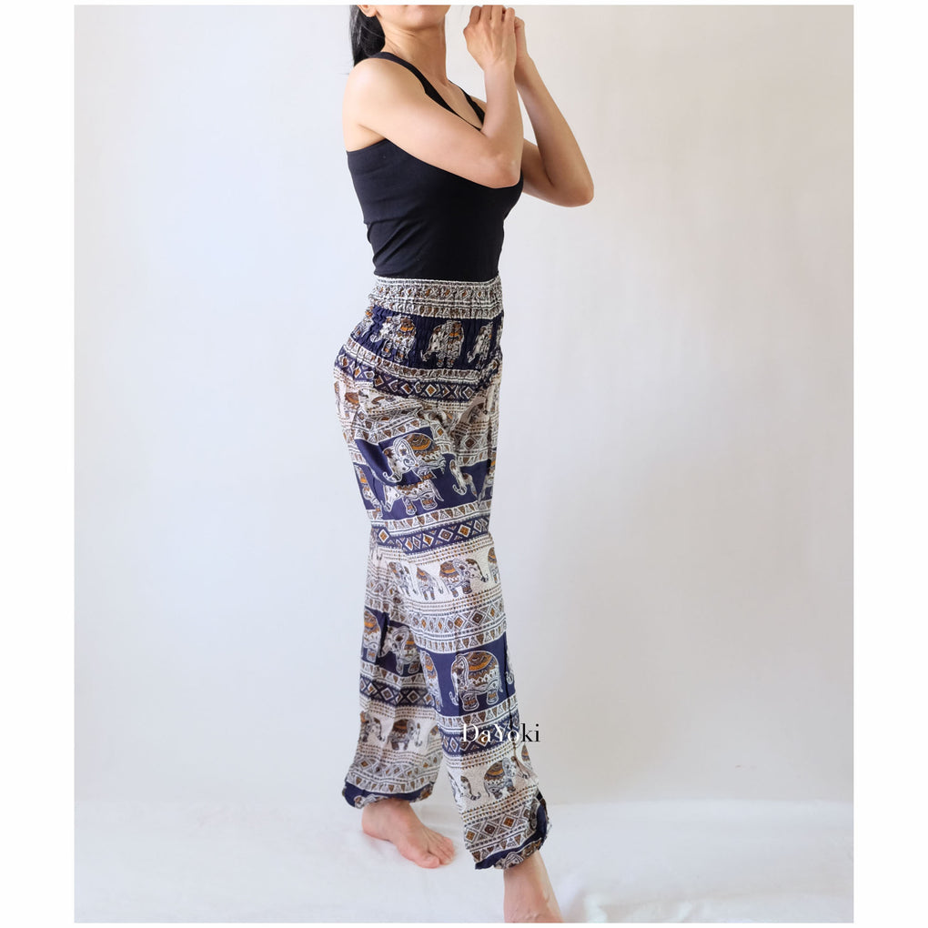 Comfy High Waisted Smocked Yoga Pants - Navy Elephants Stripes