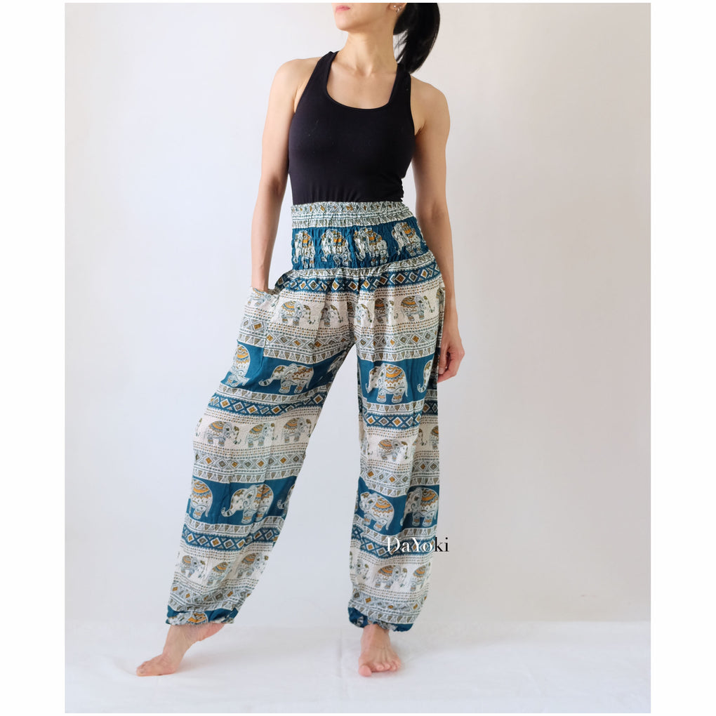 Comfy High Waisted Smocked Yoga Pants - Emerald Green Elephant Stripes