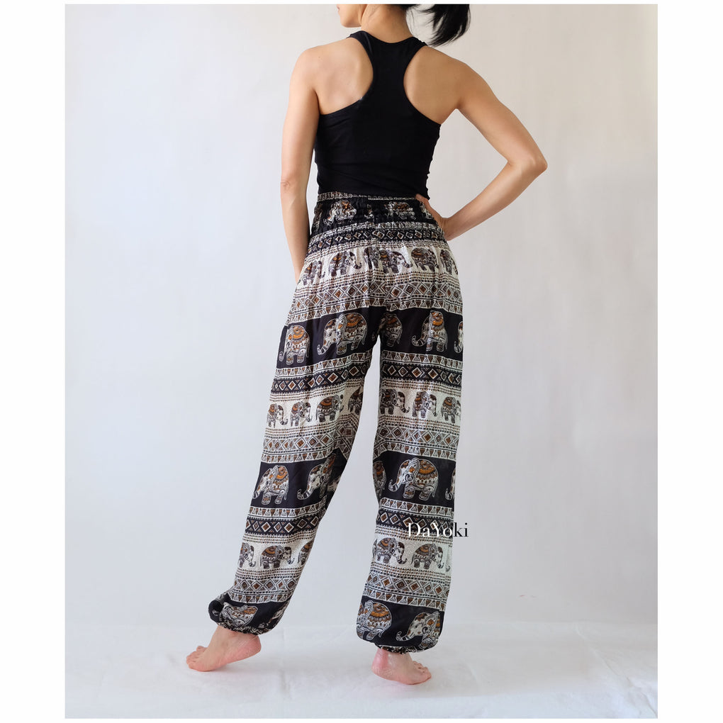 Comfy High Waisted Smocked Yoga Pants - Black Elephant Stripes