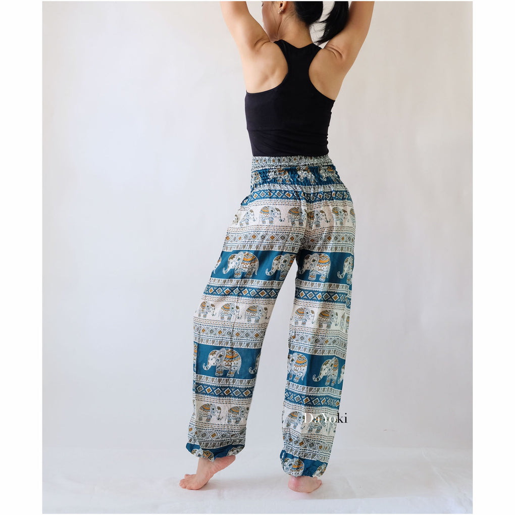 Comfy High Waisted Smocked Yoga Pants - Emerald Green Elephant Stripes