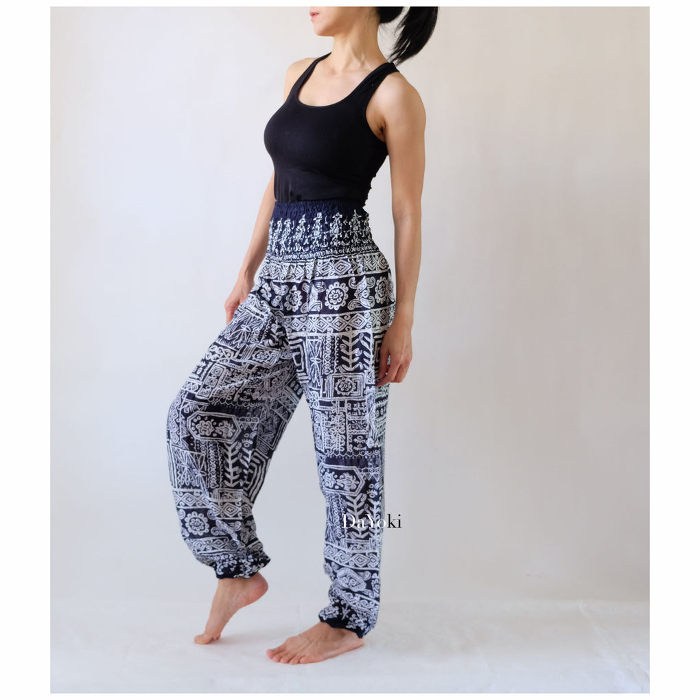 Comfy High Waisted Smocked Yoga Pants - Navy Tribe