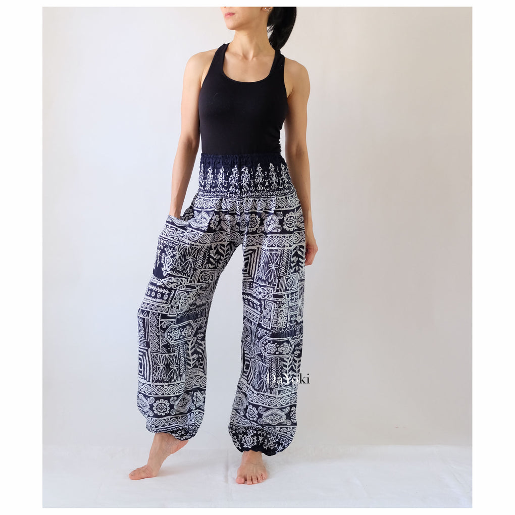 Comfy High Waisted Smocked Yoga Pants - Navy Tribe