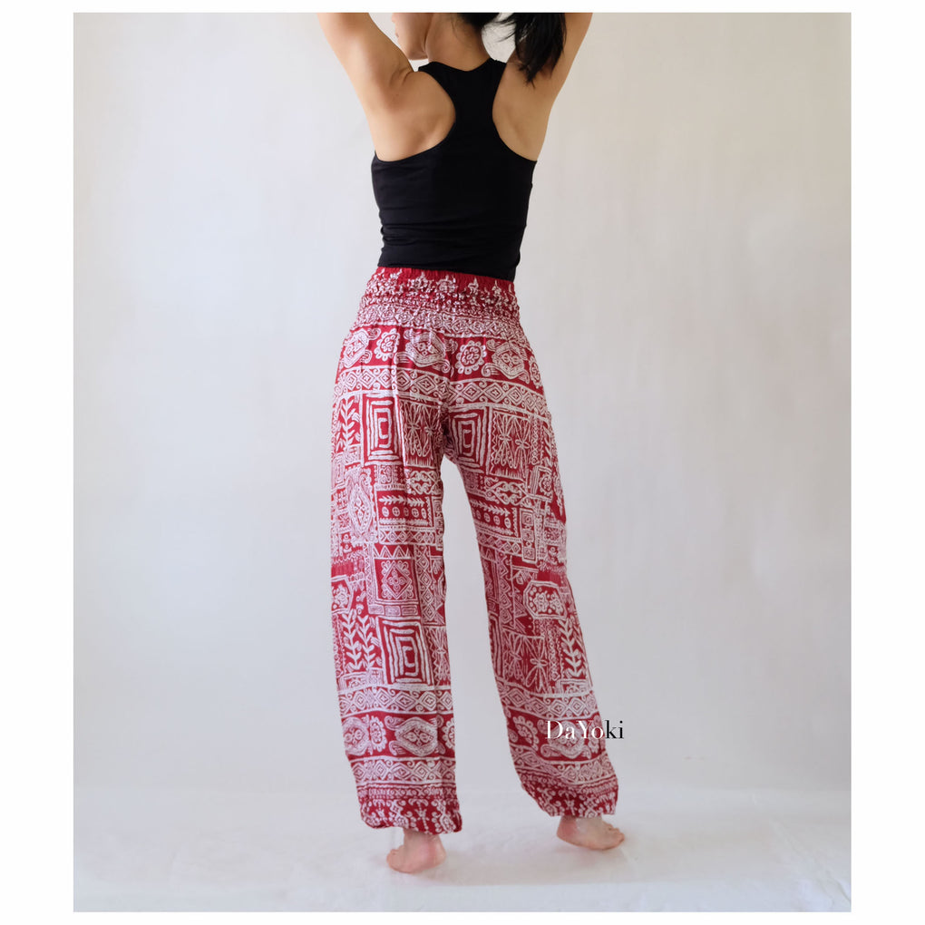 Comfy High Waisted Smocked Yoga Pants - Red Maroon Tribe