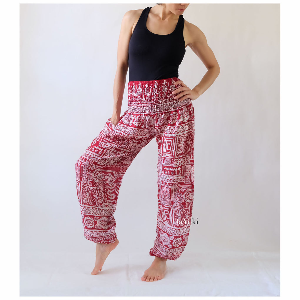 Comfy High Waisted Smocked Yoga Pants - Red Maroon Tribe