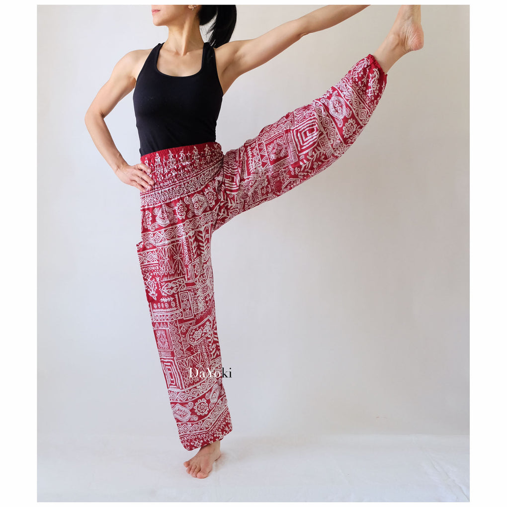 Comfy High Waisted Smocked Yoga Pants - Red Maroon Tribe