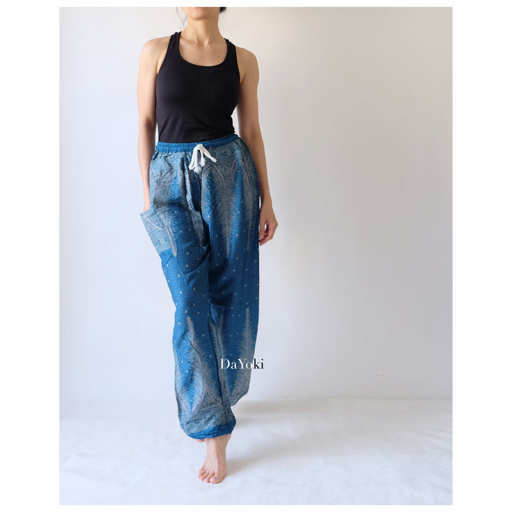 Comfy Elastic Tie Yoga Pants - Dark Blue Peacock Feather