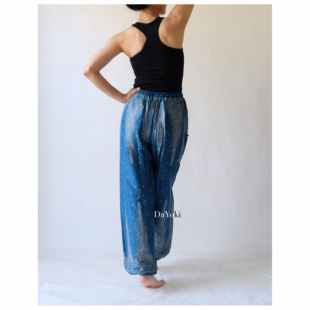 Comfy Elastic Tie Yoga Pants - Dark Blue Peacock Feather