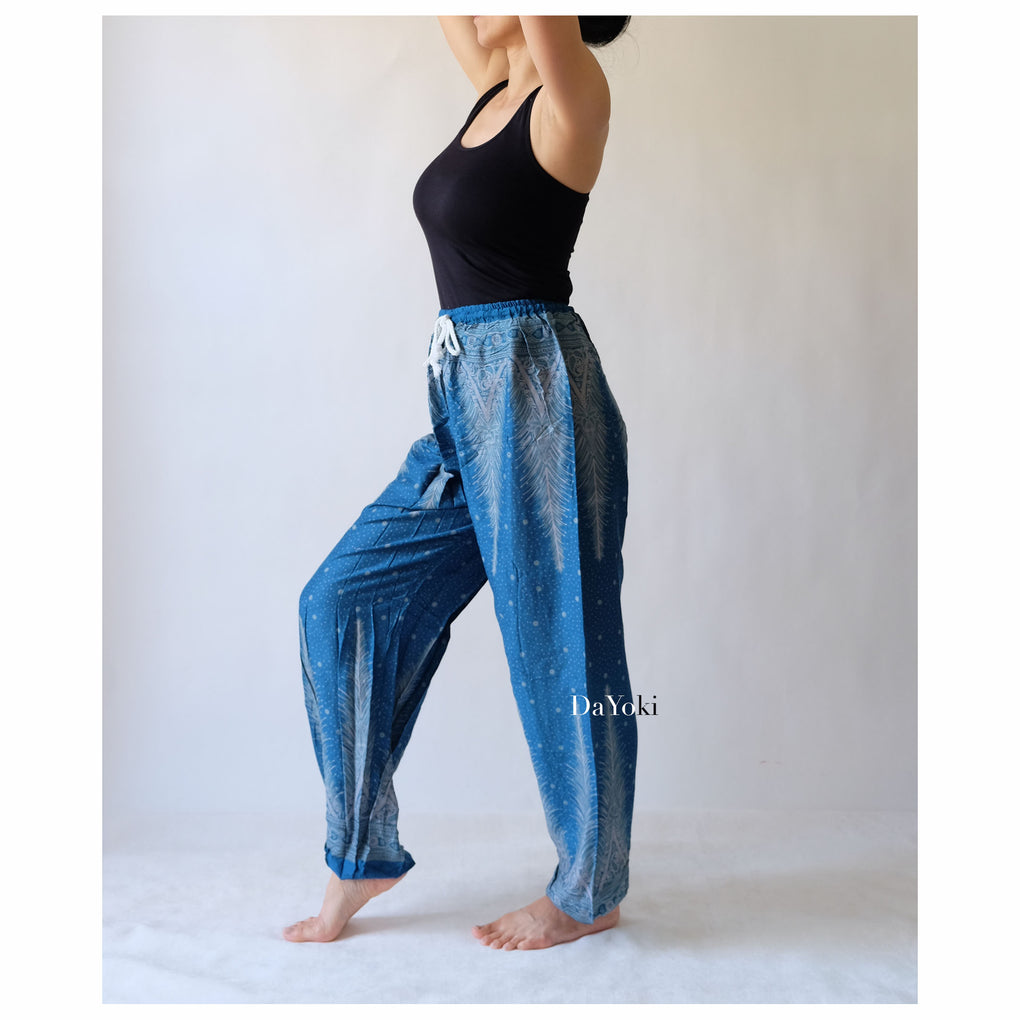 Comfy Elastic Tie Yoga Pants - Dark Blue Peacock Feather