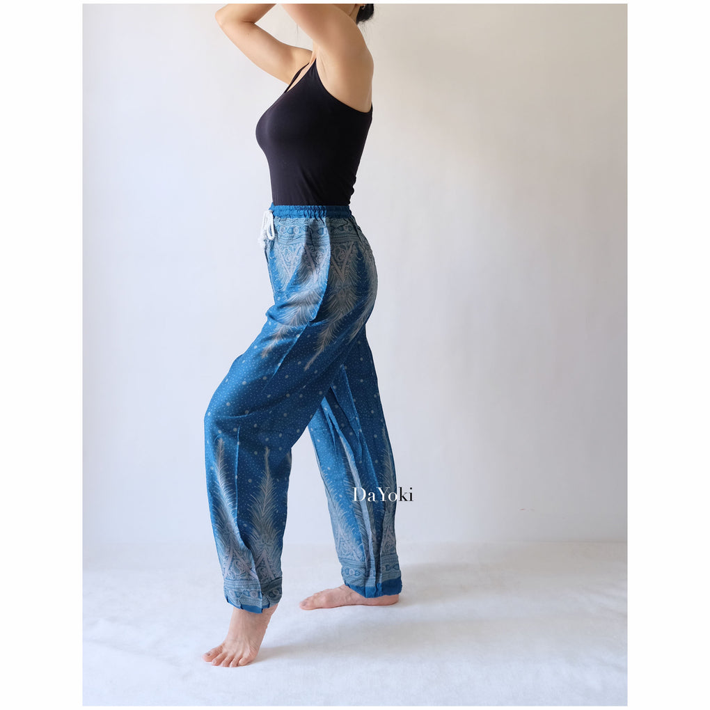 Comfy Elastic Tie Yoga Pants - Dark Blue Peacock Feather