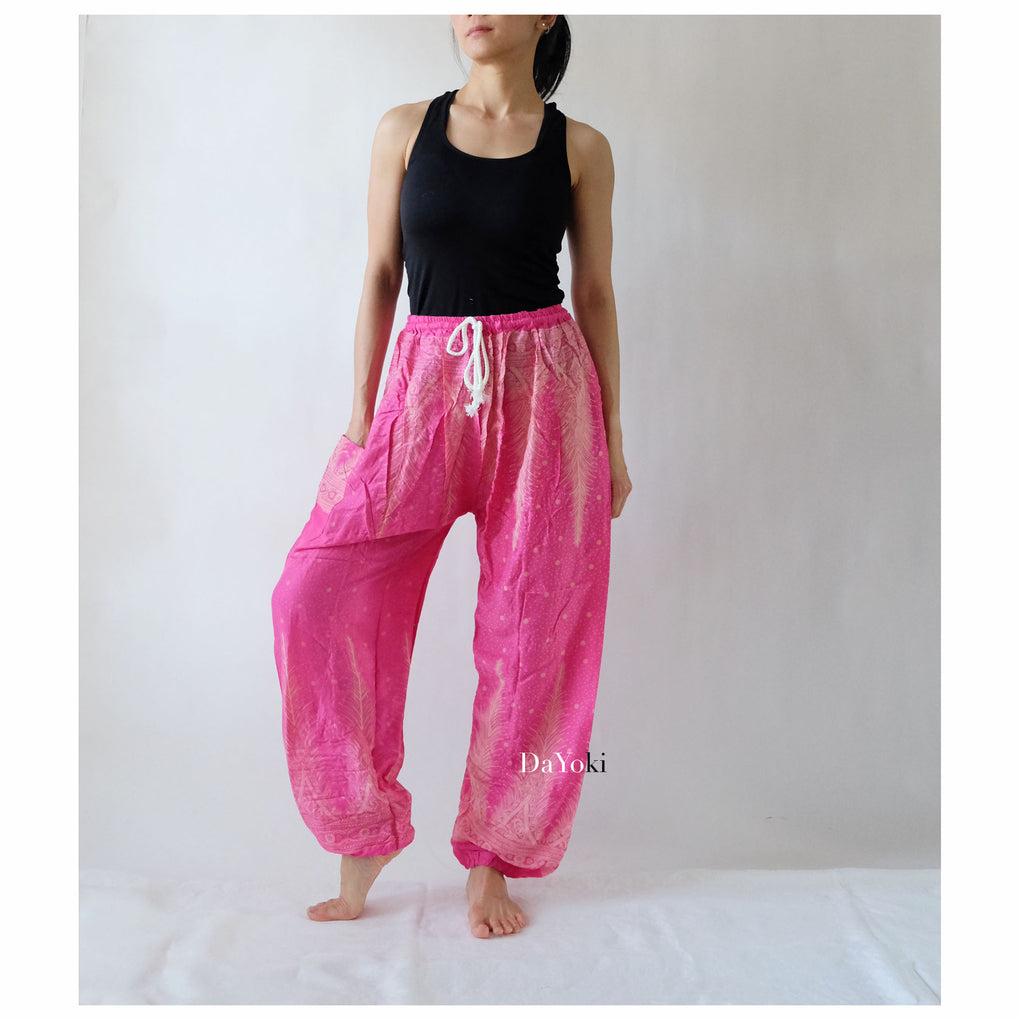 Comfy Elastic Tie Yoga Pants - Hot Pink Peacock Feather