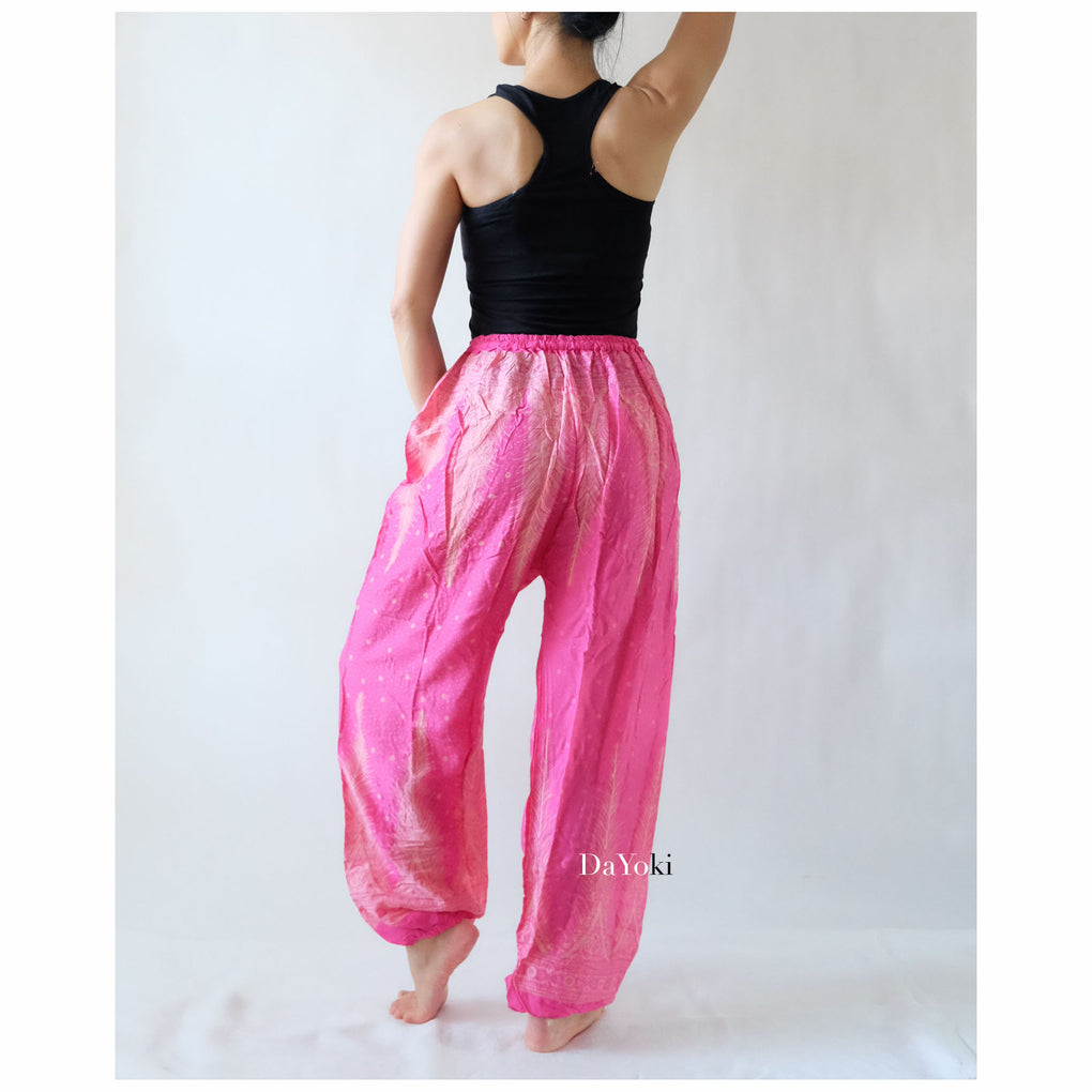 Comfy Elastic Tie Yoga Pants - Hot Pink Peacock Feather