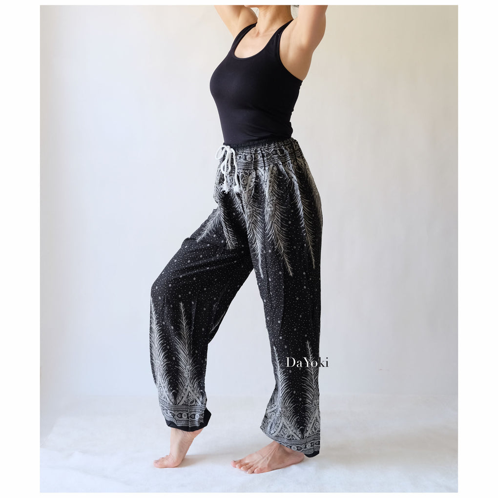 Comfy Elastic Tie Yoga Pants - Black Peacock Feather