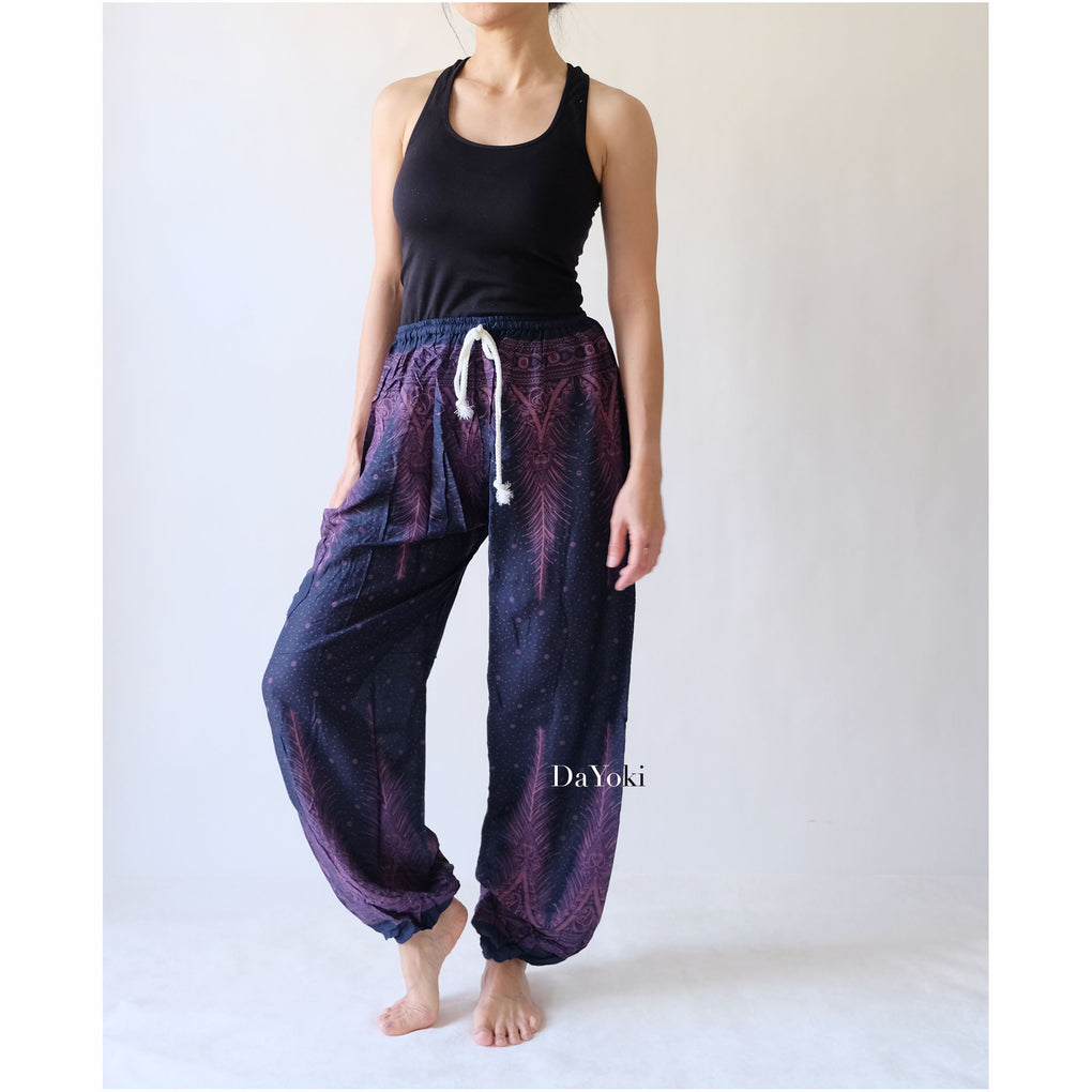 Comfy Elastic Tie Yoga Pants - Dark Purple Peacock Feather