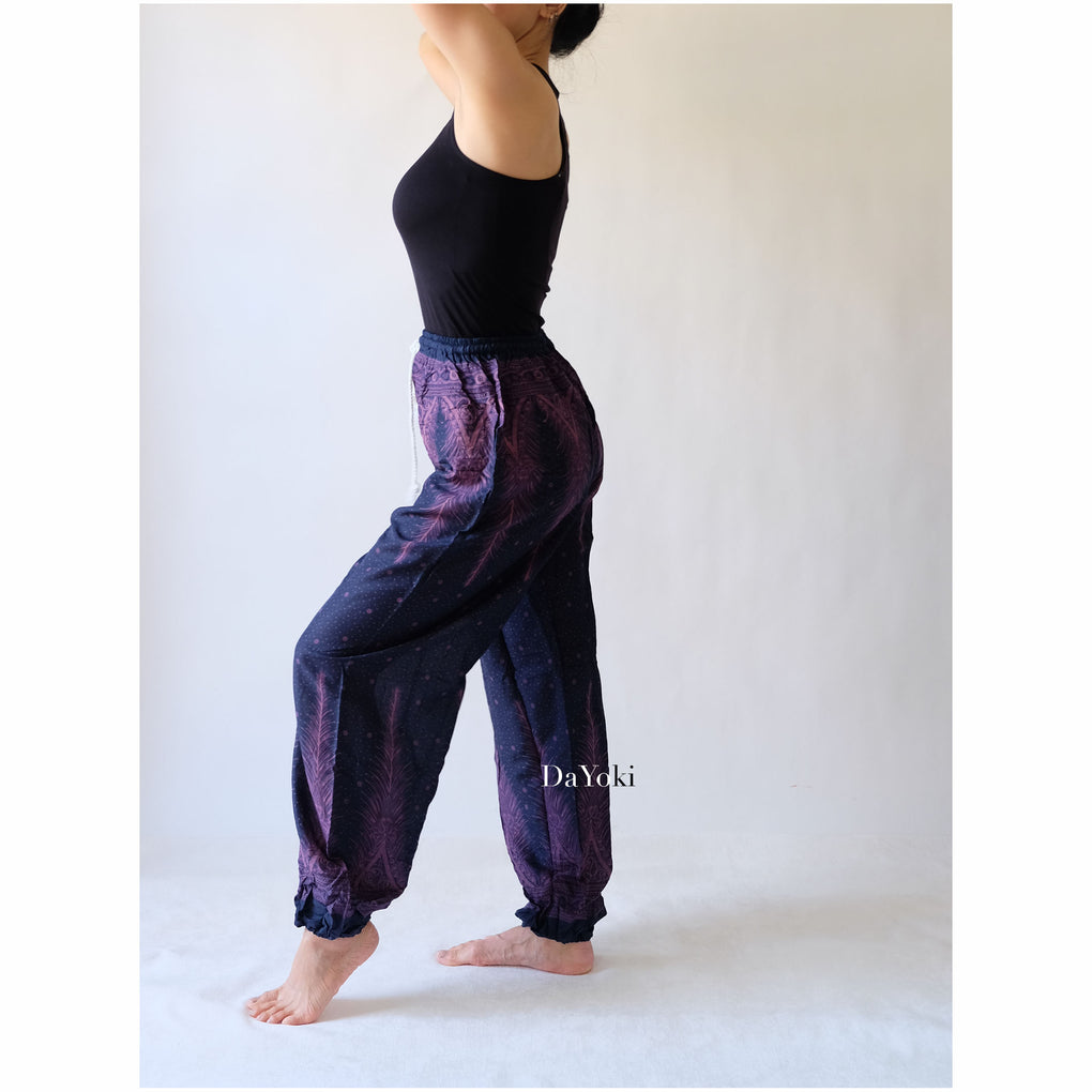 Comfy Elastic Tie Yoga Pants - Dark Purple Peacock Feather