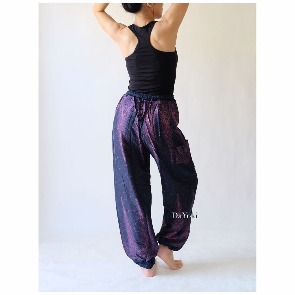 Comfy Elastic Tie Yoga Pants - Dark Purple Peacock Feather