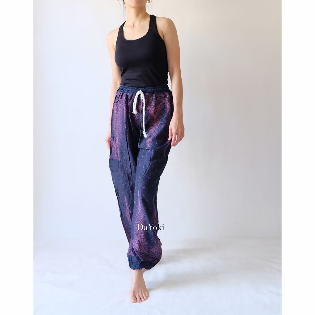 Comfy Elastic Tie Yoga Pants - Dark Purple Peacock Feather