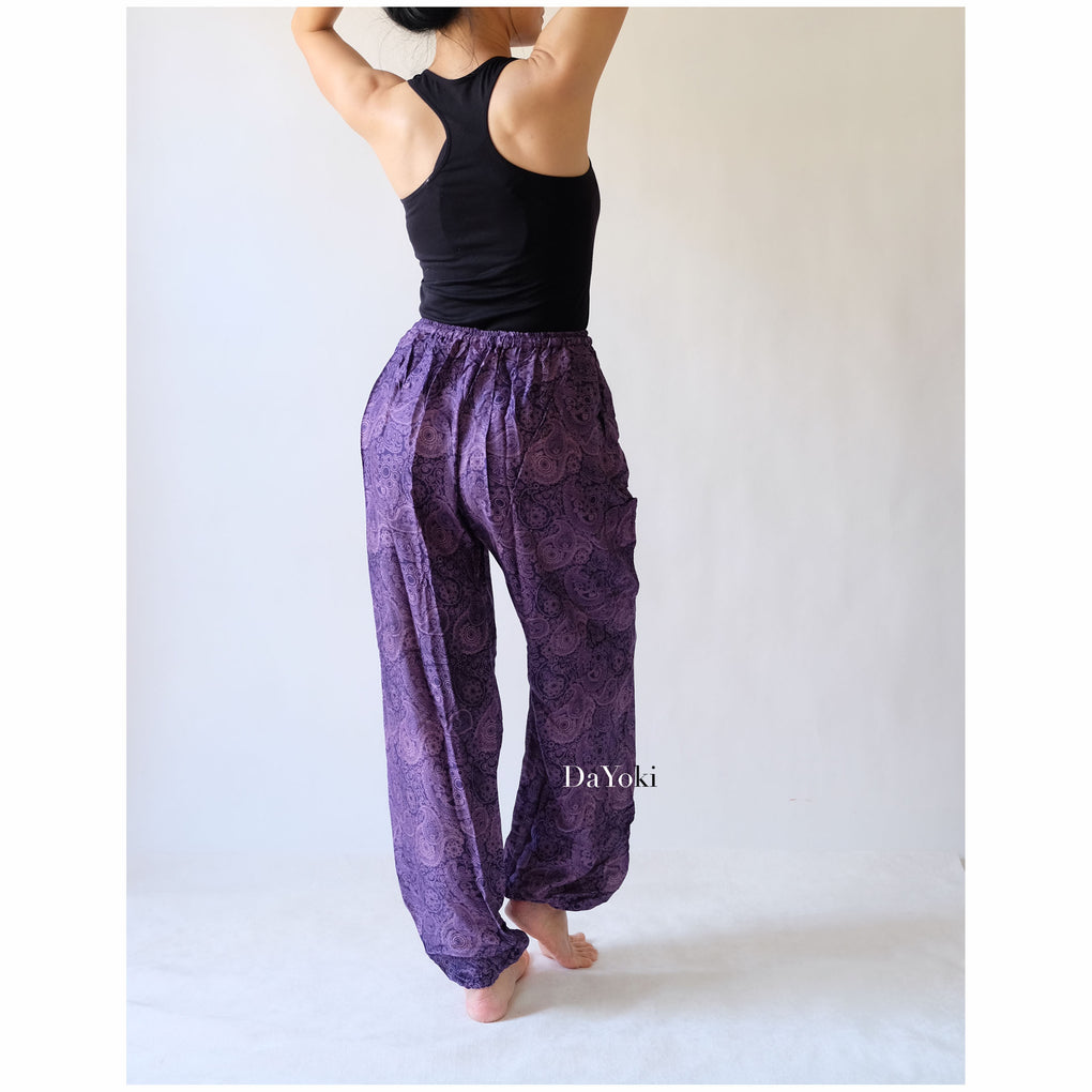 Comfy Elastic Tie Yoga Pants - Dark Purple Paisley