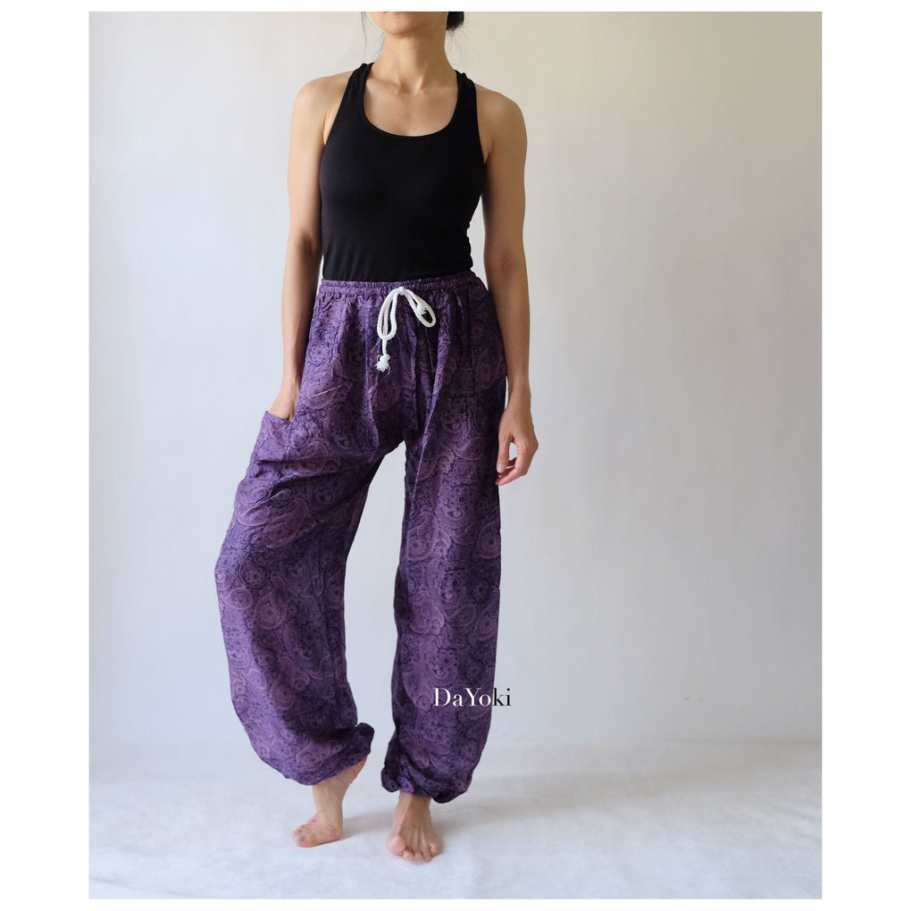 Comfy Elastic Tie Yoga Pants - Dark Purple Paisley