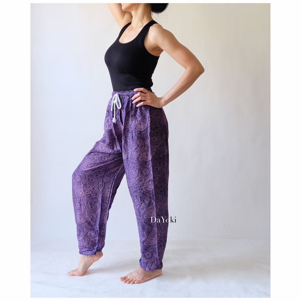 Comfy Elastic Tie Yoga Pants - Dark Purple Paisley