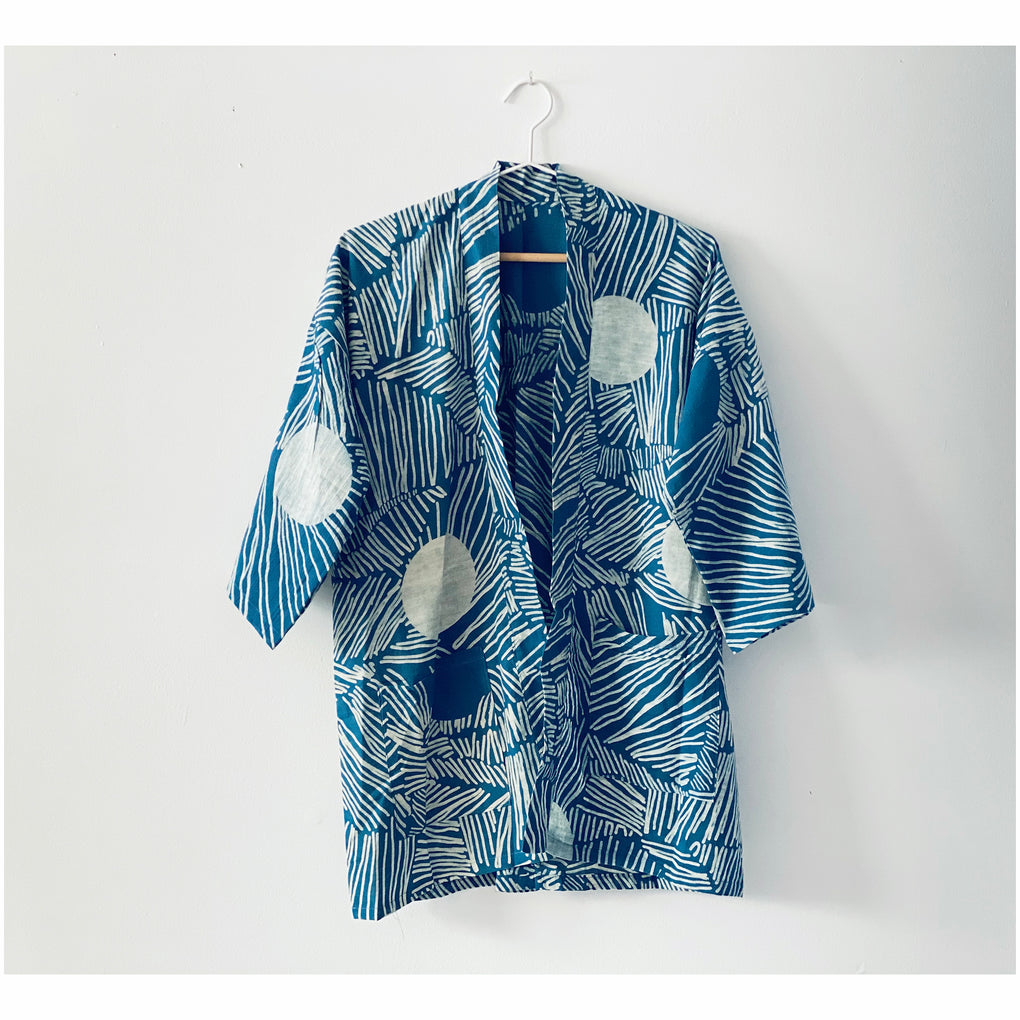 The Sun Block Print Blue White Indigo Mini Kimono