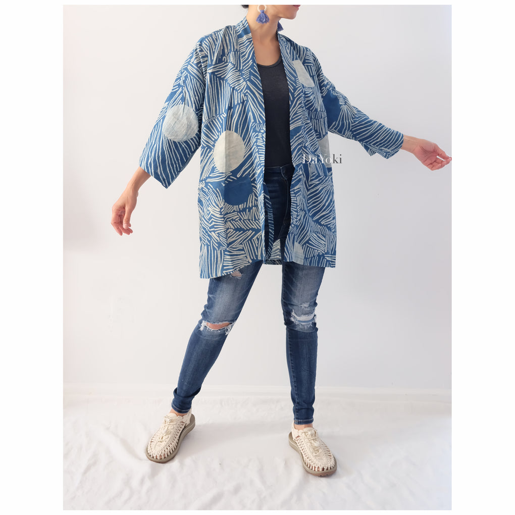 The Sun Block Print Blue White Indigo Mini Kimono