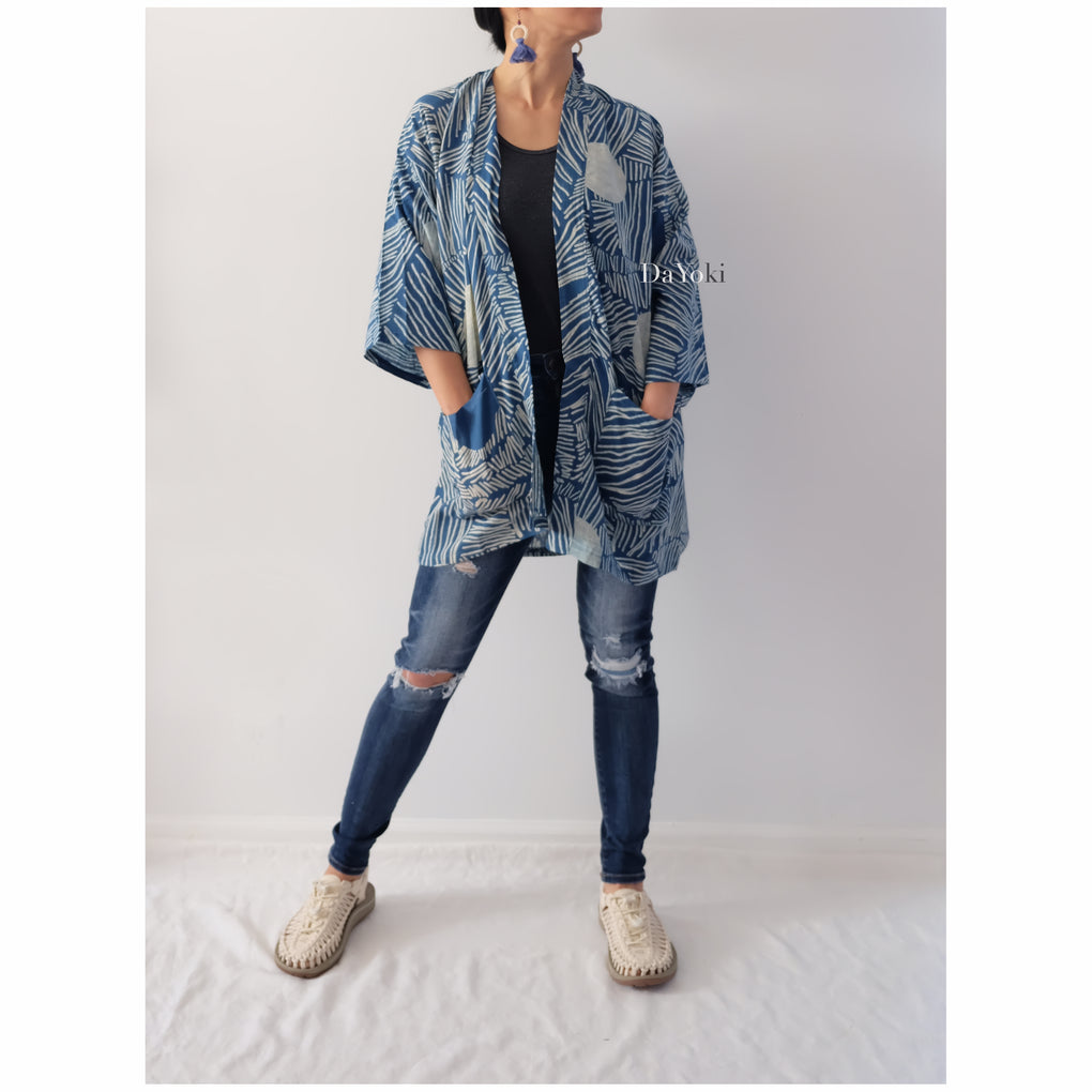 The Sun Block Print Blue White Indigo Mini Kimono