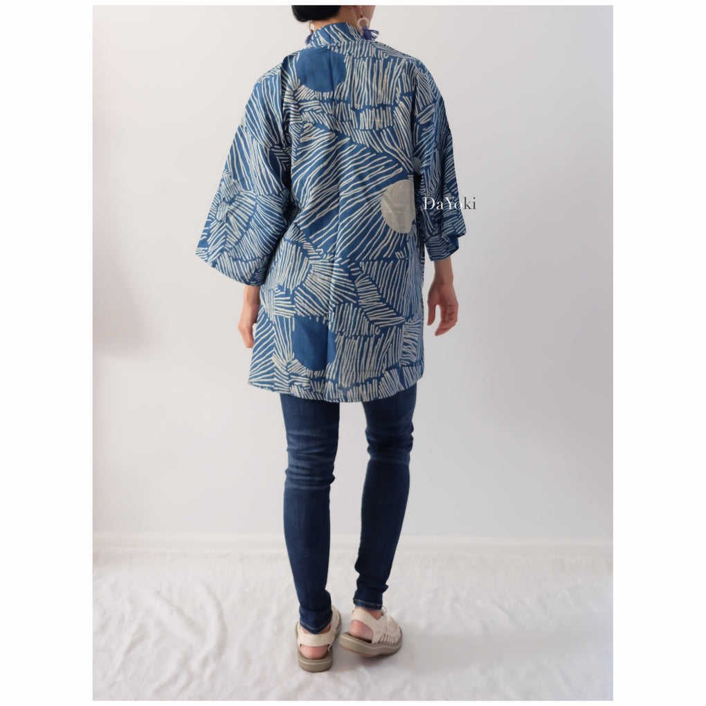 The Sun Block Print Blue White Indigo Mini Kimono